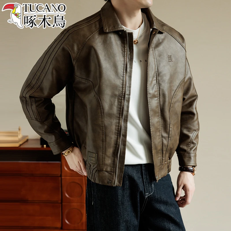 皮衣男美拉德复古机车风PU皮夹克男士春秋款大码宽松工装痞帅外套