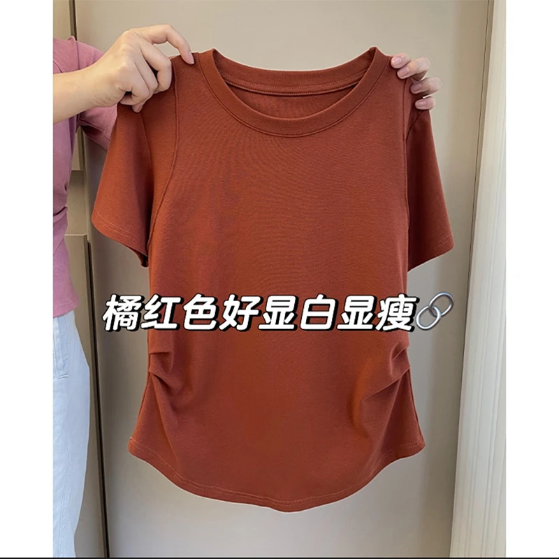 大码休闲风正肩纯色掐腰短袖t恤女夏季新款百搭遮肉显瘦上衣ins潮
