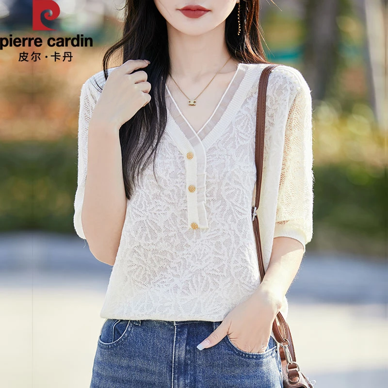 皮尔卡丹2025新款气质V领蕾丝镂空针织衫夏季薄款显瘦洋气上衣女