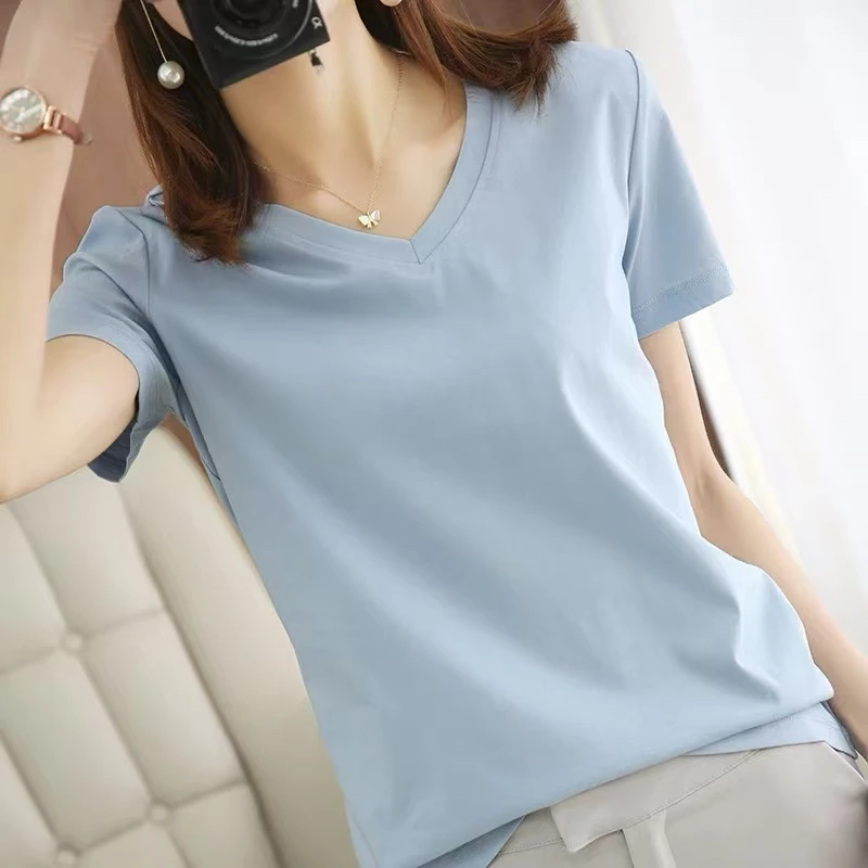 大码藏肉显瘦减龄正肩T恤女夏季2025年新款遮肚子百搭V领上衣