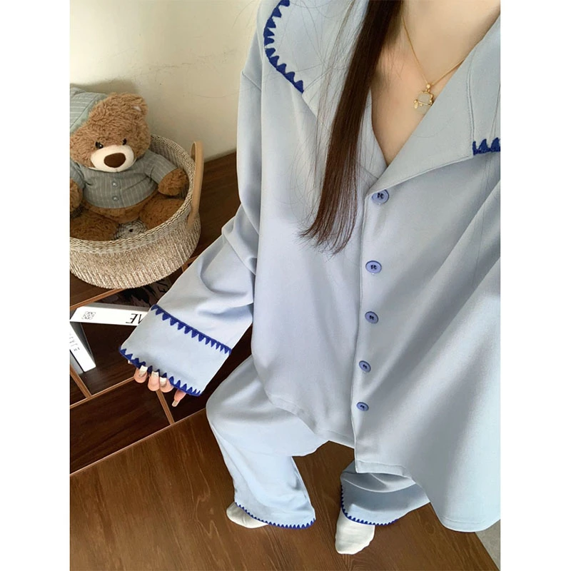 高级感蓝色拼接德绒睡衣女款秋冬保暖套装长袖家居服2025新款秋季