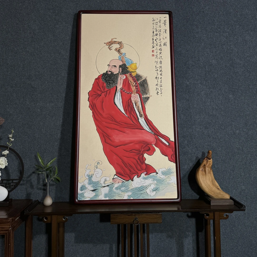 达摩【一苇渡江】纯手绘画带框装裱164*82茶室办公室客厅装饰挂画
