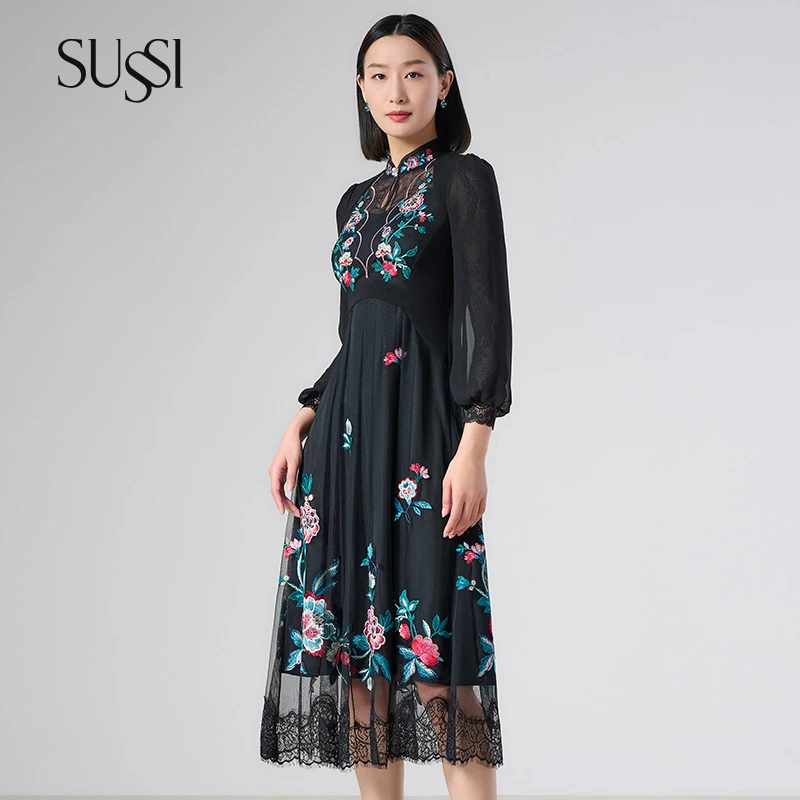 【古色.敦煌】SUSSI/古色新品黑色新中式立领刺绣中长款连衣裙