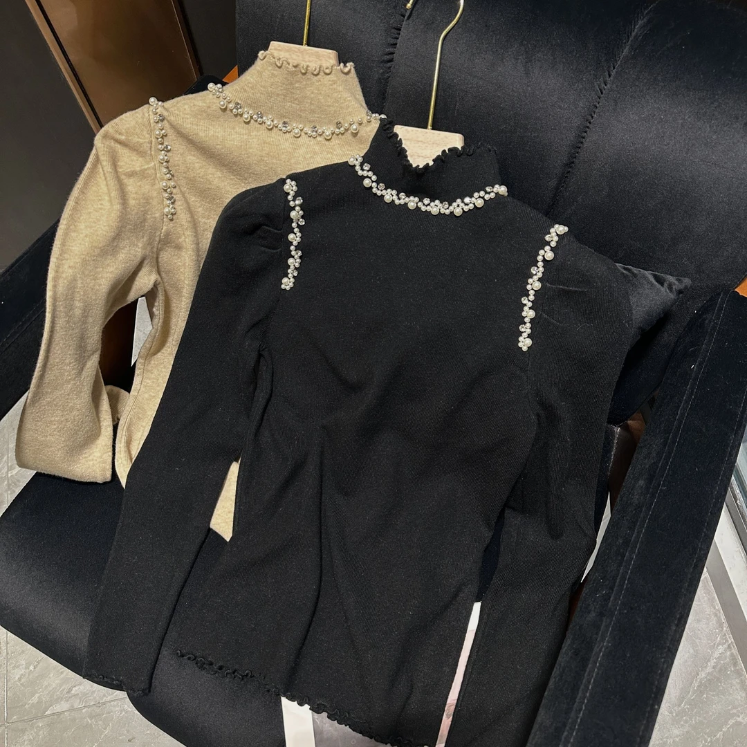 【慧子推荐】9106 高领花边带钻跑破案袖长袖针织打底衫 修身百搭