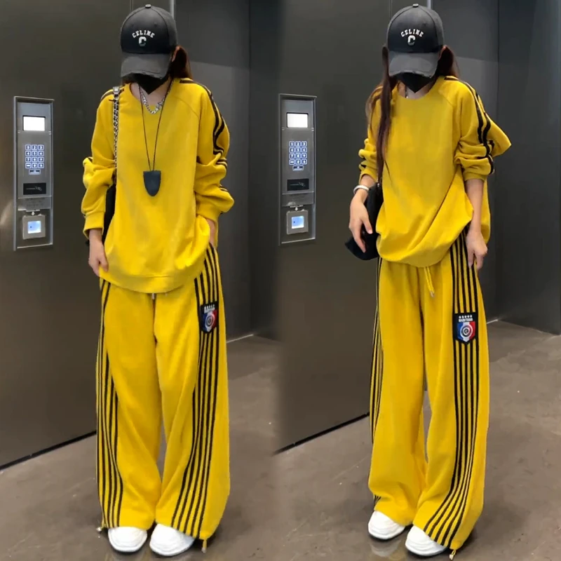 高含棉休闲运动服套装女2025年春秋新款时尚条纹卫衣阔腿裤两件套