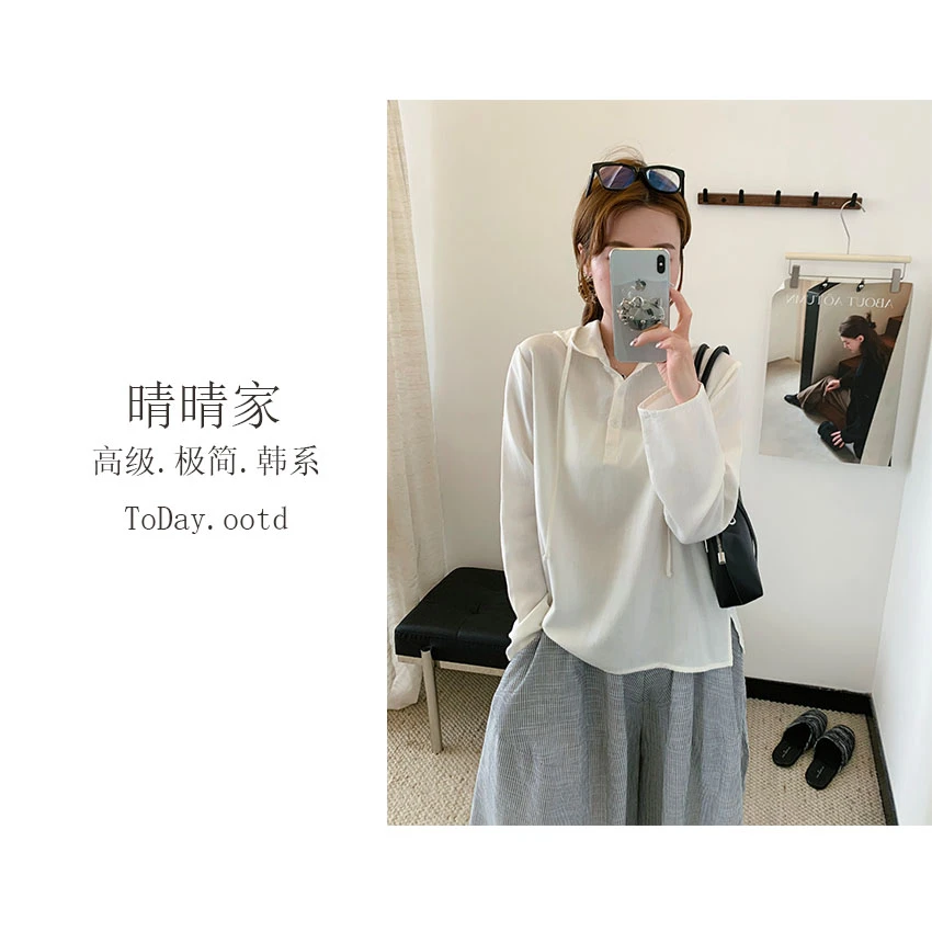 晴晴家-【简约艺术】早秋韩系百搭汉麻连帽套头长袖休闲衬衫U213