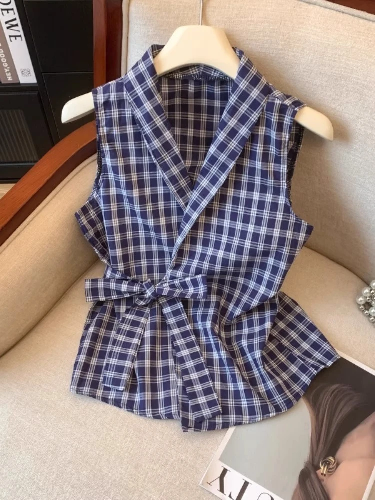 韩系V领蝴蝶结绑带收腰格子背心女夏季外穿复古气质修身无袖上衣