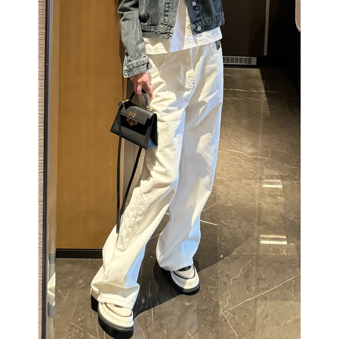 【Cikky定制】高腰复古直筒牛仔裤女新款口袋拼百搭拖地裤休闲长裤