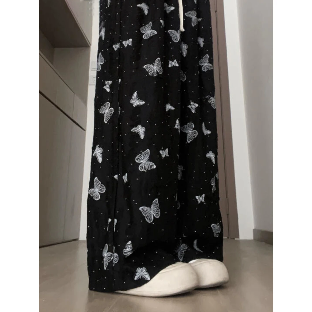 大码胖m200斤蝴蝶印花破洞山本裤女春夏季新款垂感高腰休闲阔腿裤