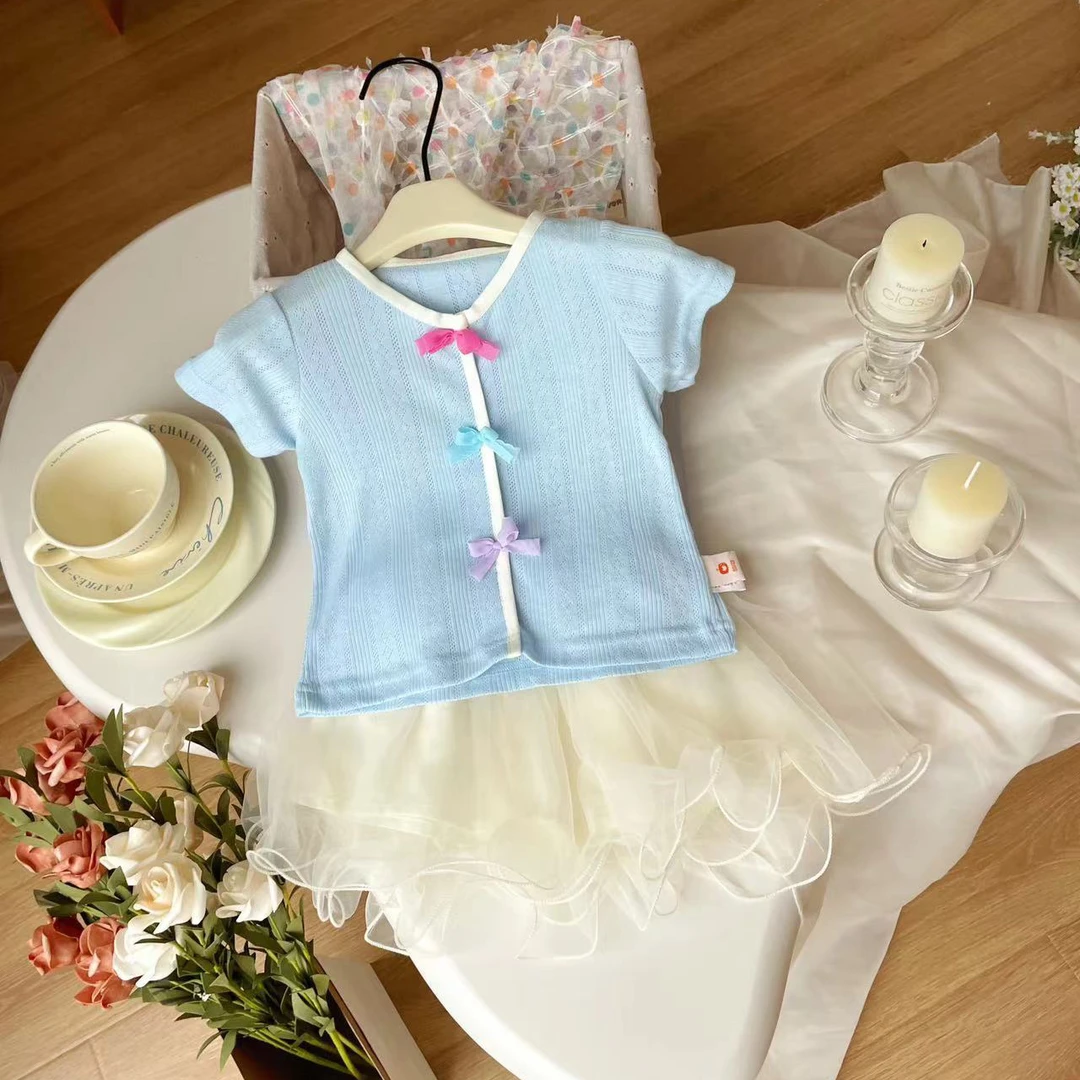 【现货】XJQ24X011夏季新款儿童套装女童清新秀气T恤裙子两件套