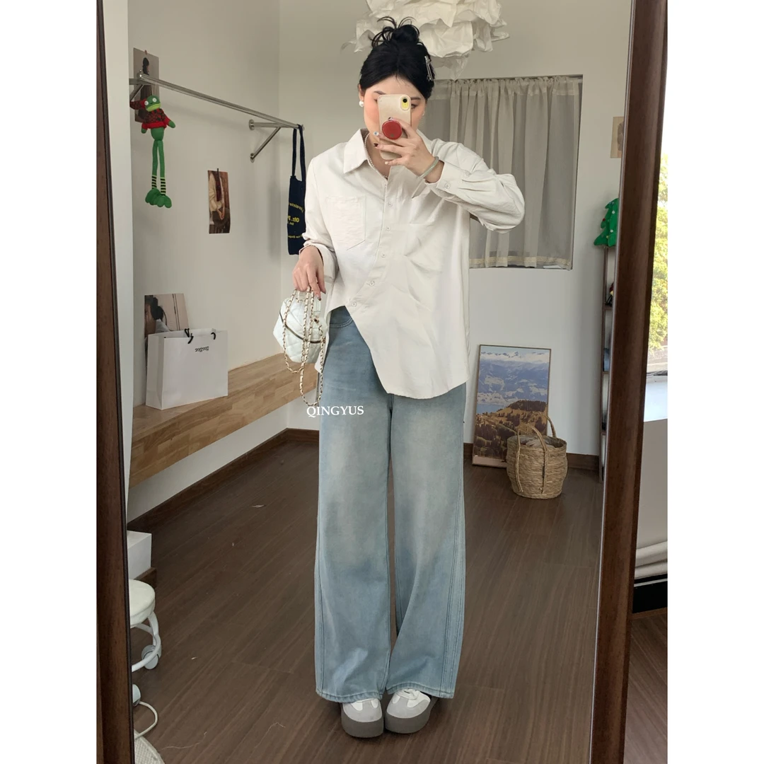 QINGYUS-微胖显瘦大码女装不规则门襟气质开叉秋季新款翻领衬衫女