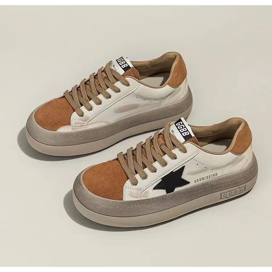 设计感擦色做旧复古星星小白鞋女拼色木纹厚底休闲板鞋潮J5-90-12