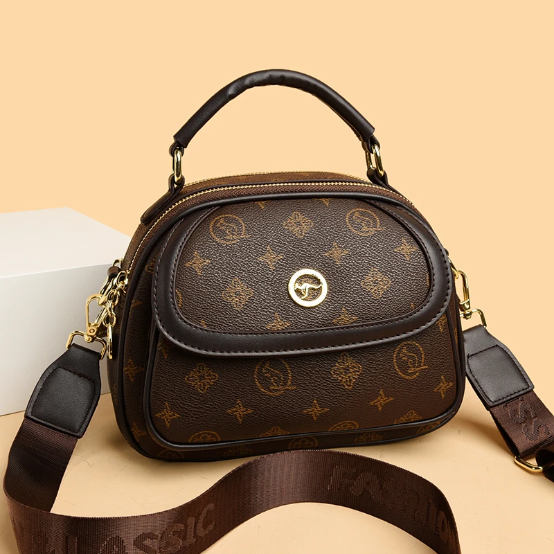 印花防盗小包包真皮女包简约耐磨斜挎包复古多层单肩包中年妈妈包