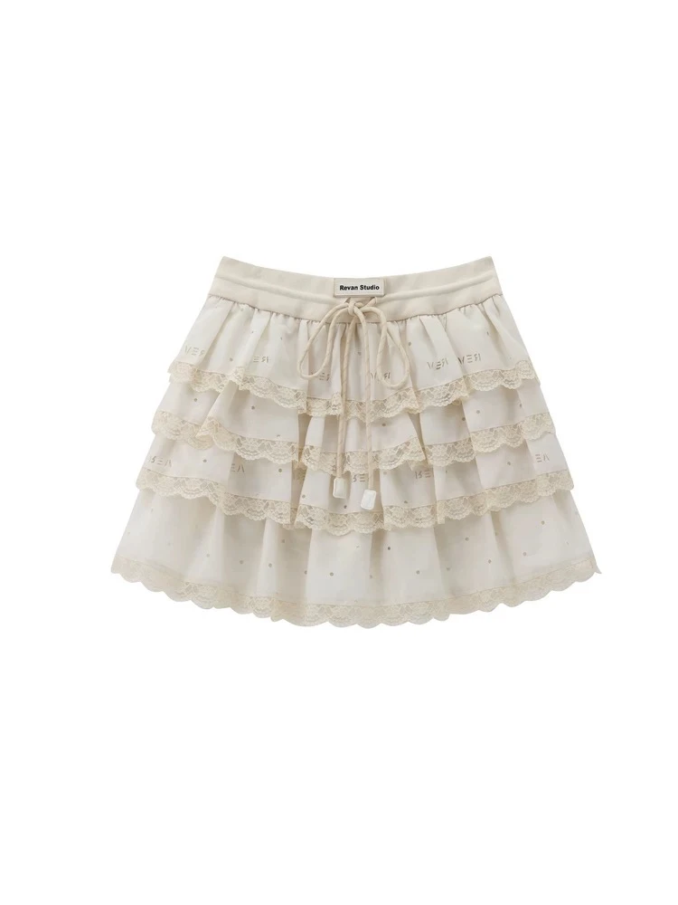 RE现货2025夏季新款蕾丝拼接蛋糕A字半身短裙