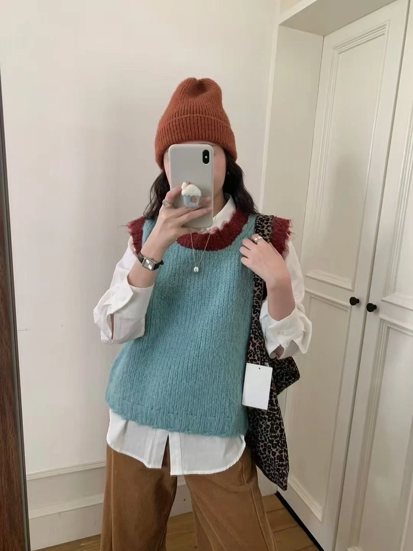 韩系超好看撞色套头圆领针织马甲女春季新款外搭叠穿背心