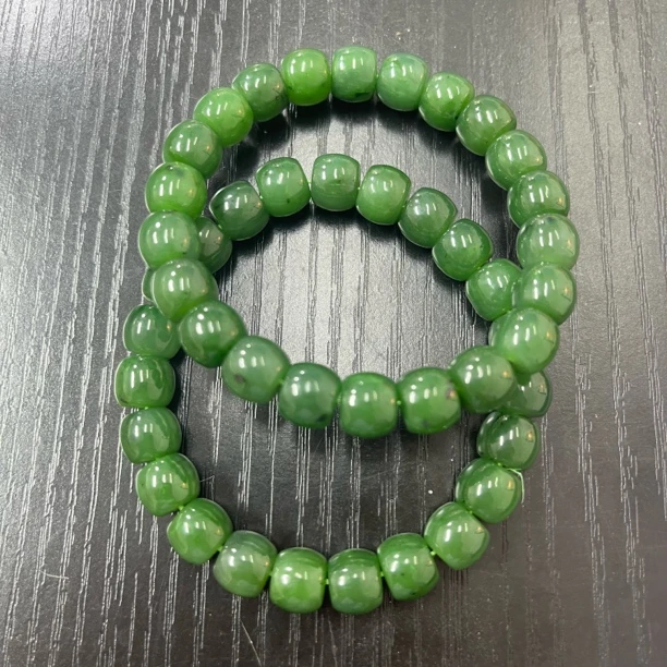 和田玉碧玉直切手串7/8mm有微黑点俄罗斯菠菜绿