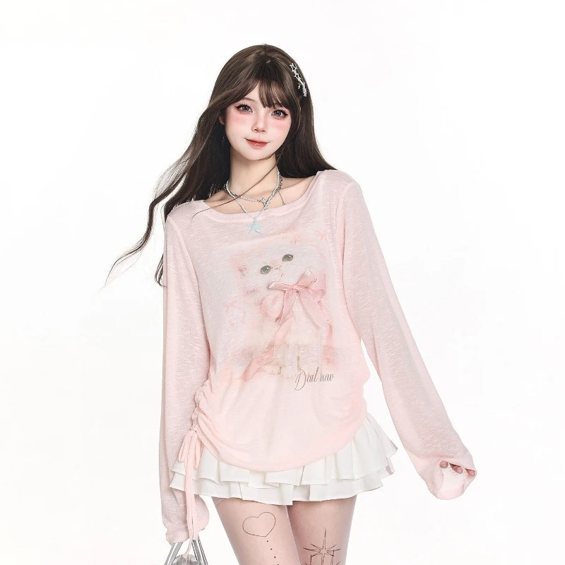 韩系chic感甜美猫咪印花微透罩衫长袖t恤女生抽褶设计感薄款上衣