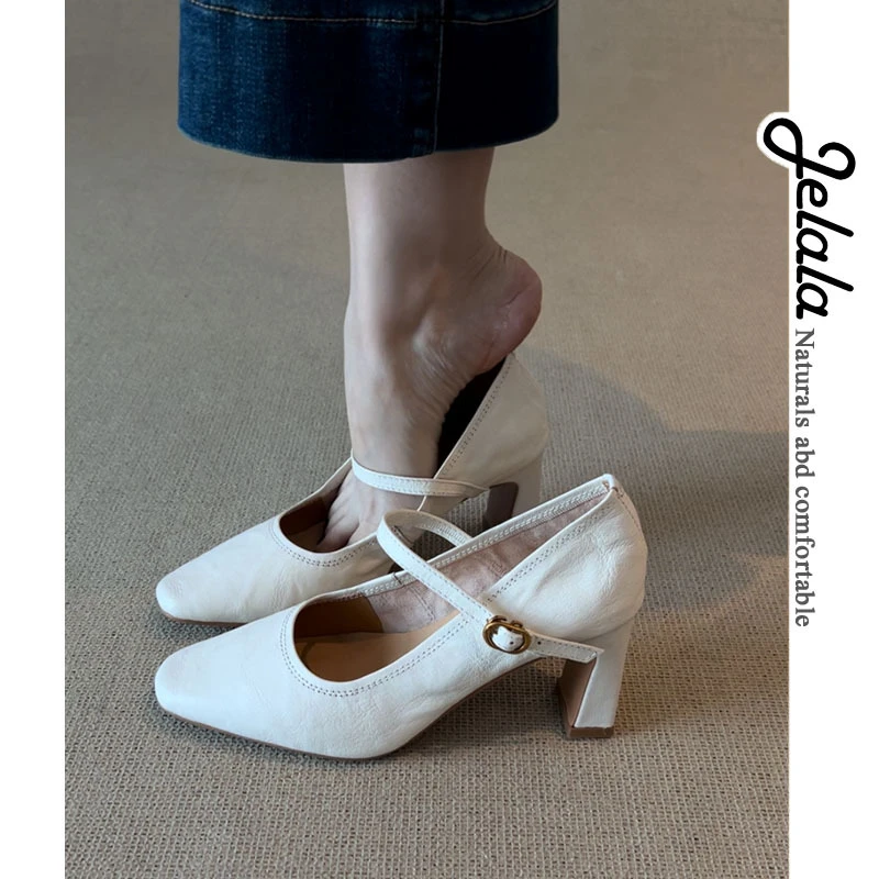 JELALA·一字扣带玛丽珍鞋女粗跟气质百搭高跟鞋方头浅口A79
