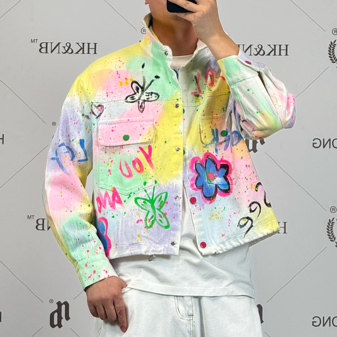 HK&NB x 艺术家系列 春秋复古拼接潮流休闲青春手绘短款牛仔夹克