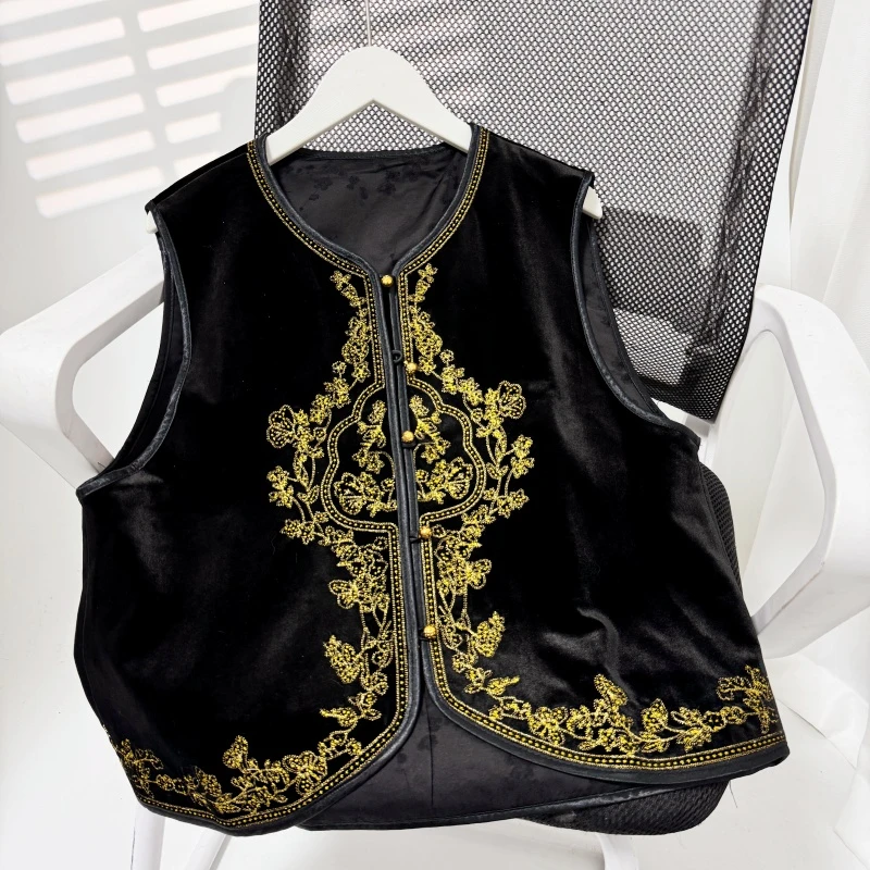 【青崖白鹿】新中式国风马甲女秋季新款双面穿金丝绒民族风刺绣坎肩