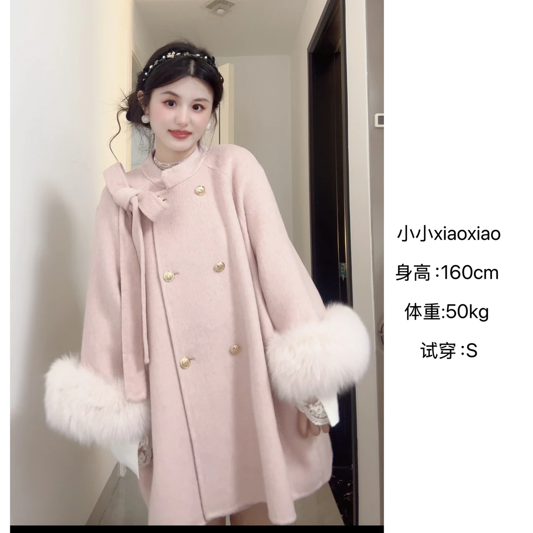 【温莎千金】反季福利蝴蝶结双面羊毛大衣女斗篷狐狸毛羊毛呢外套X