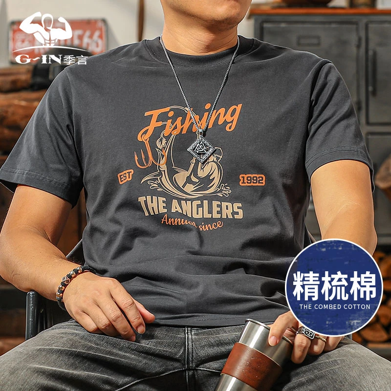 男士短袖t恤2025新款纯棉夏季高级感 圆领印花美式复古休闲半袖男