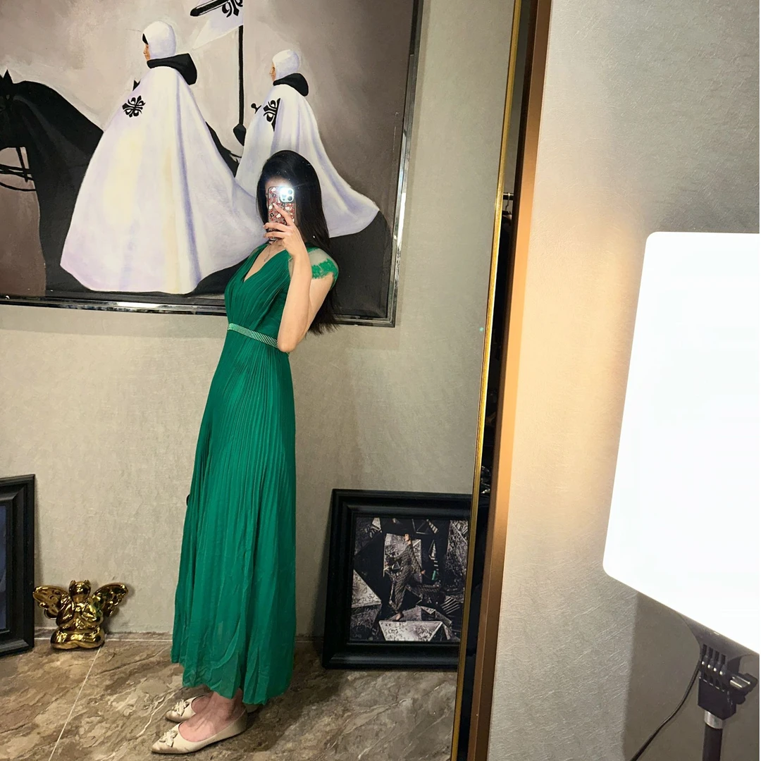 百褶礼服长裙气质绿色绿色夏季法式