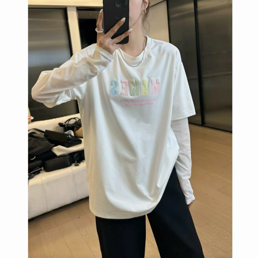 小静静一会【马卡龙字母上衣】2025春夏大版假两件T恤 2503C959