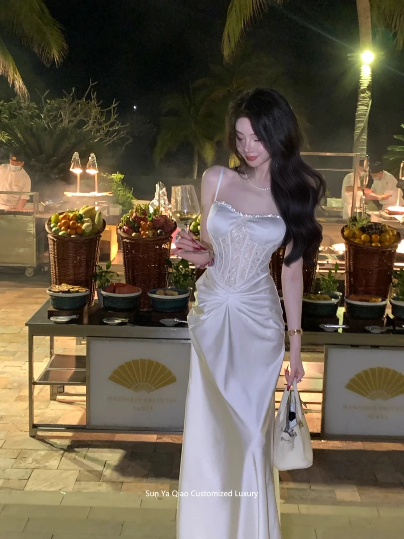 雅乔【女神降临】夏季气质法式名媛蕾丝拼接鱼骨吊带连衣裙礼服裙