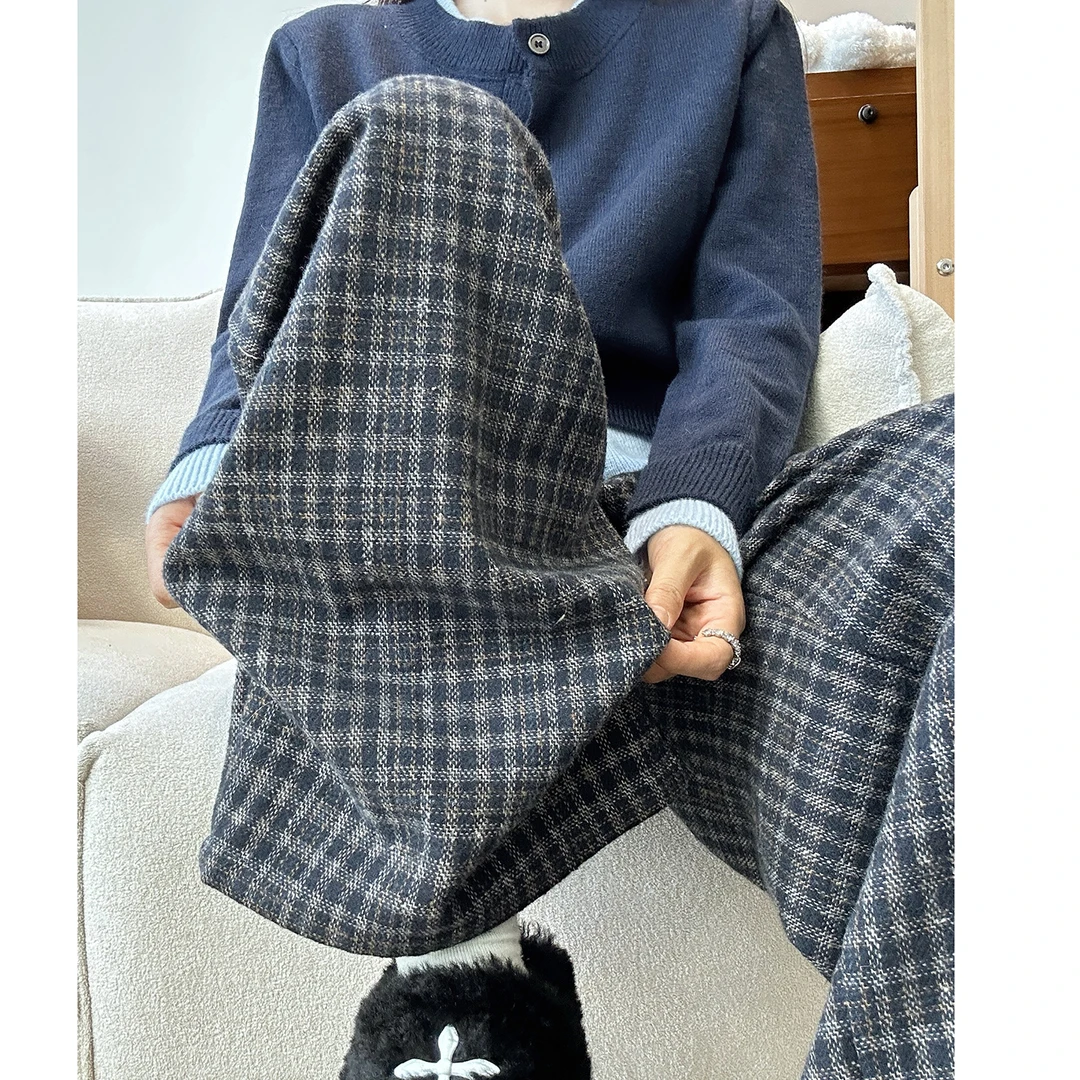 美式复古格子裤女春秋季新款小个子宽松显瘦慵懒风休闲直筒阔腿裤