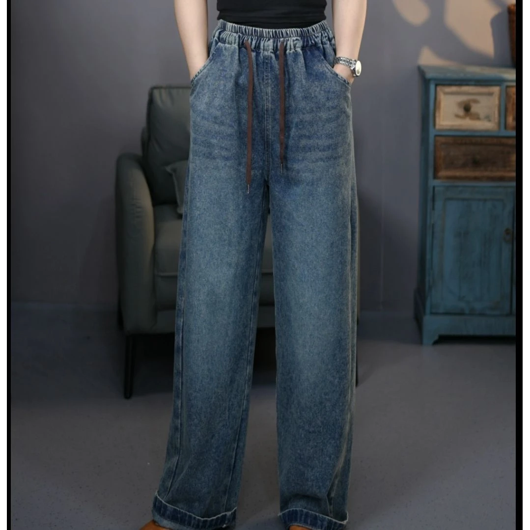 6788蓝2025春季复古显瘦女士牛仔直筒裤松紧腰时尚九分梧桐裤