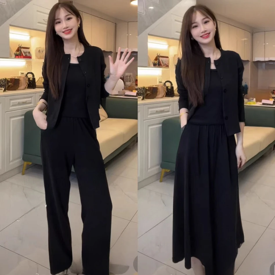 韩系气质套装女秋季新品高级感显瘦开衫背心半身裙阔腿裤三件套