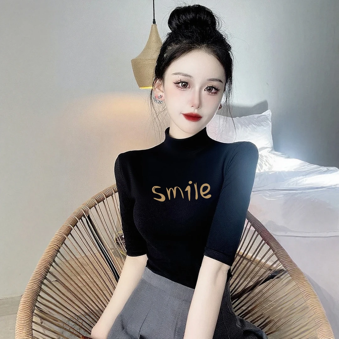 莫代尔半高领字母印花中袖修身显瘦五分袖打底上衣女早秋半袖t恤
