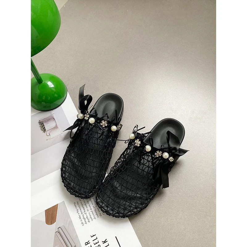 网织一脚蹬包头拖鞋女2025年夏季新款镂空珍珠配饰百搭渔网半拖鞋