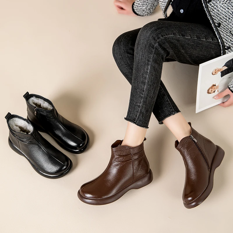 软底圆头防滑中老年靴子真皮短靴防水台不勒脚马丁靴胶粘秋冬5101