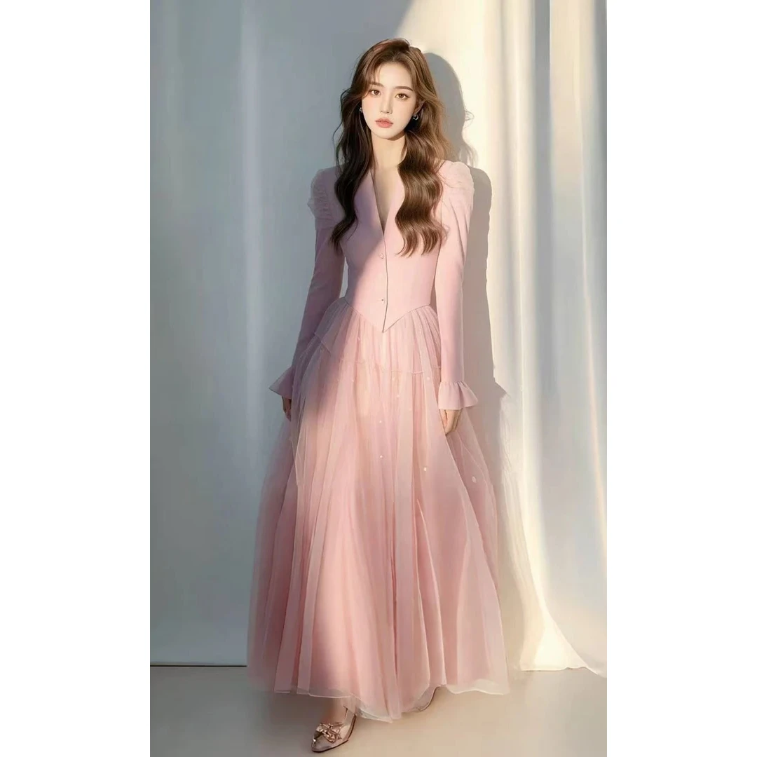 富家干金高级感穿搭小香风粉色拼接网纱连衣裙子2025新款女装春季