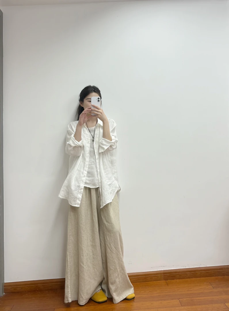 新款老钱风翻领亚麻衬衫外套上衣