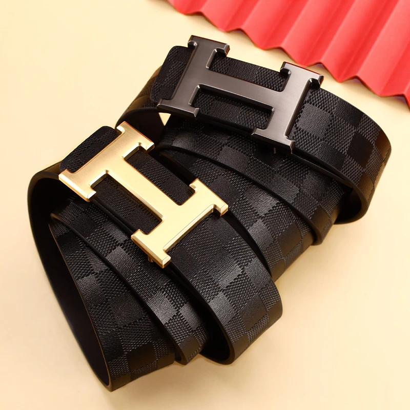 新款高档牛皮皮带商务格子纹自动扣西裤腰带中年时尚百搭经典潮流