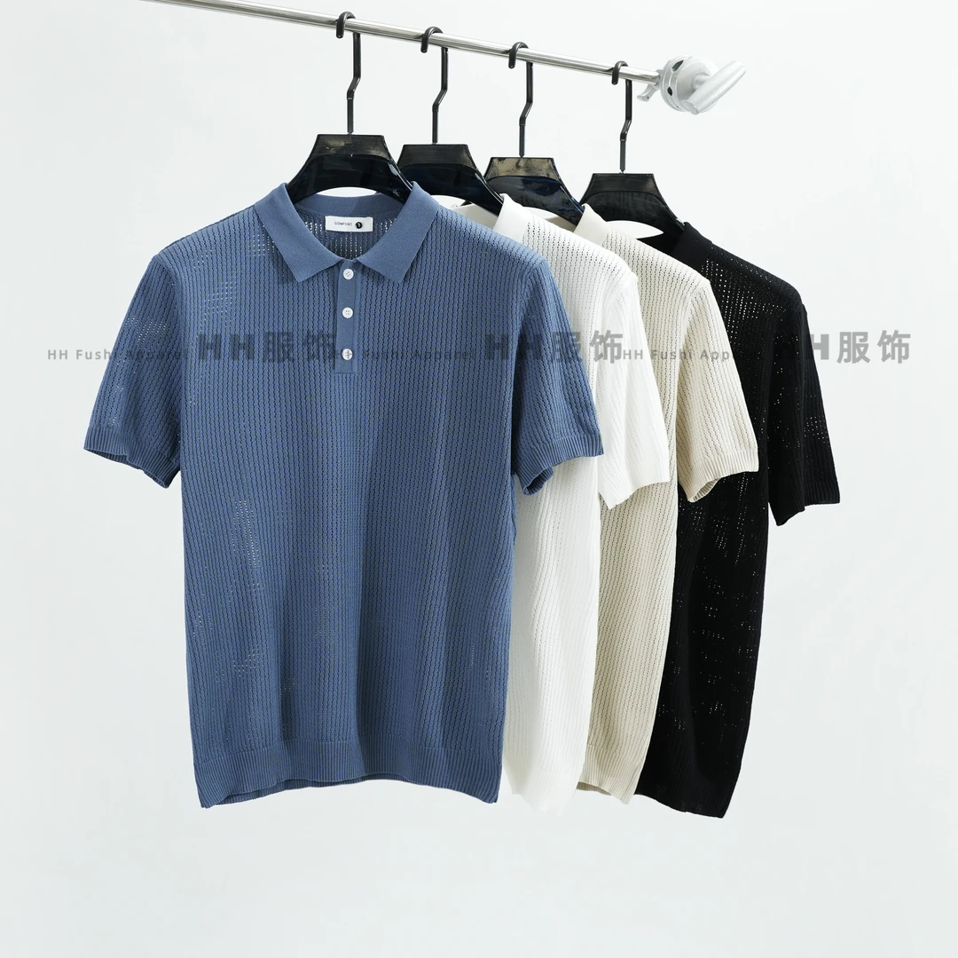 夏季男士时尚休闲透气针织POLO衫镂空肌理感纯色短袖