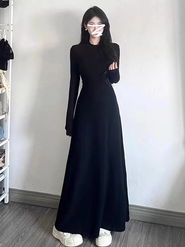 醋包【打底长裙】圆领垫肩长袖打底女收腰修身内搭长裙（568）