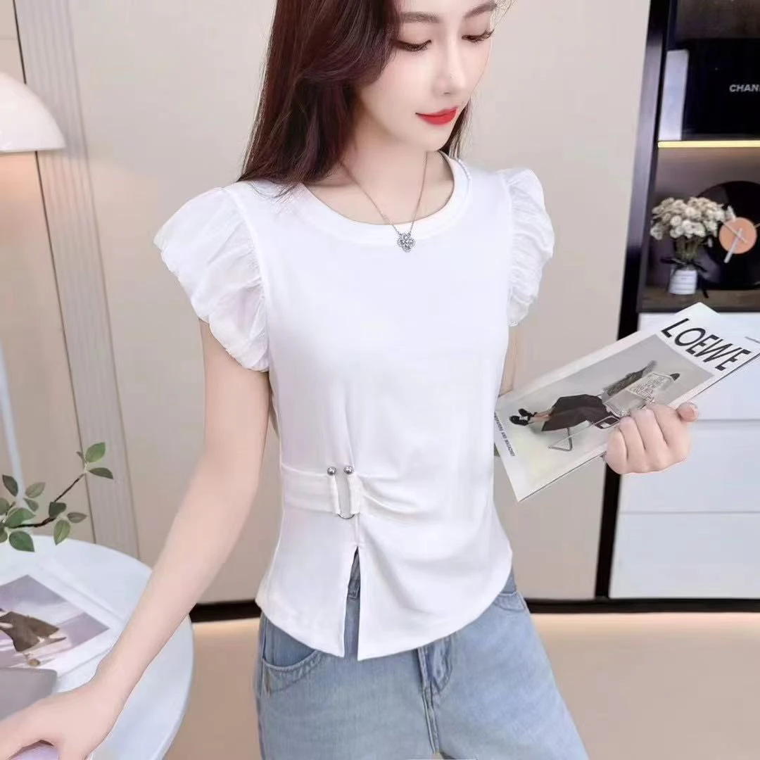 【肉总】新款开叉蕾丝拼接气质修身显瘦上衣