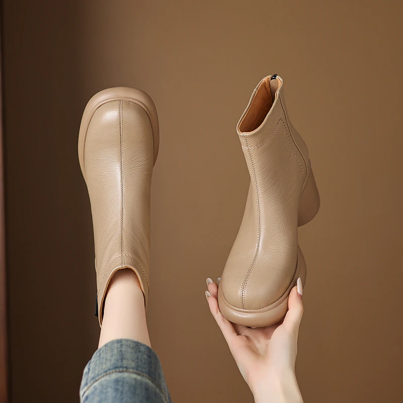 头层羊皮7cm成型跟后拉链圆头短靴增高显瘦超轻厚底舒适百搭新款1