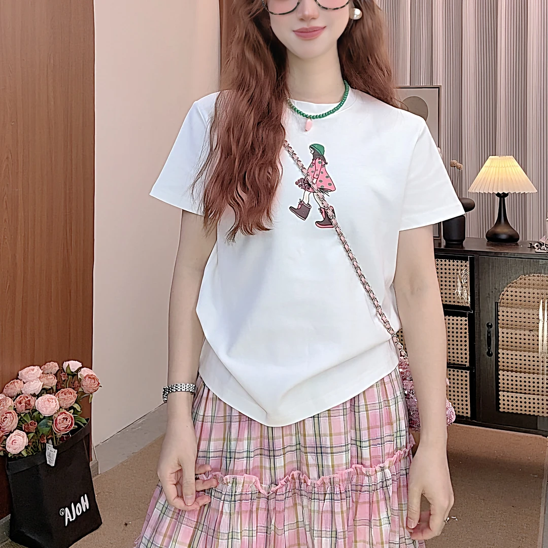 LEX-【碎花裙女孩】直喷白墨印花显瘦圆领正肩百搭短袖女