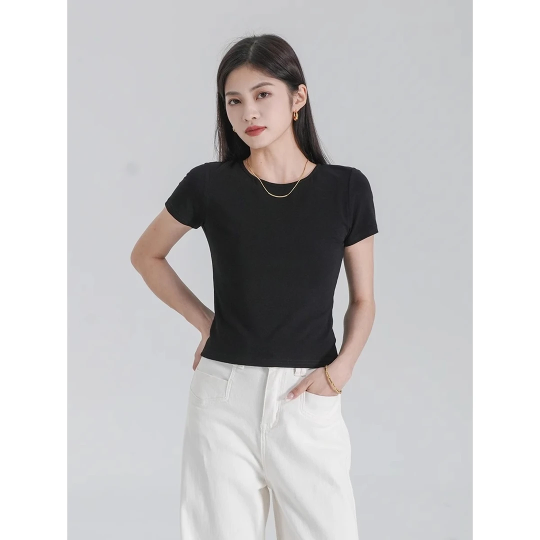 黑色圆领露背短袖女t恤2025新款夏季设计感内搭打底短款正肩上衣