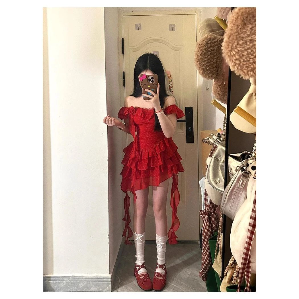 法式红色小飞袖吊带连衣裙女夏日绝美不规则收腰公主蓬蓬蛋糕裙子