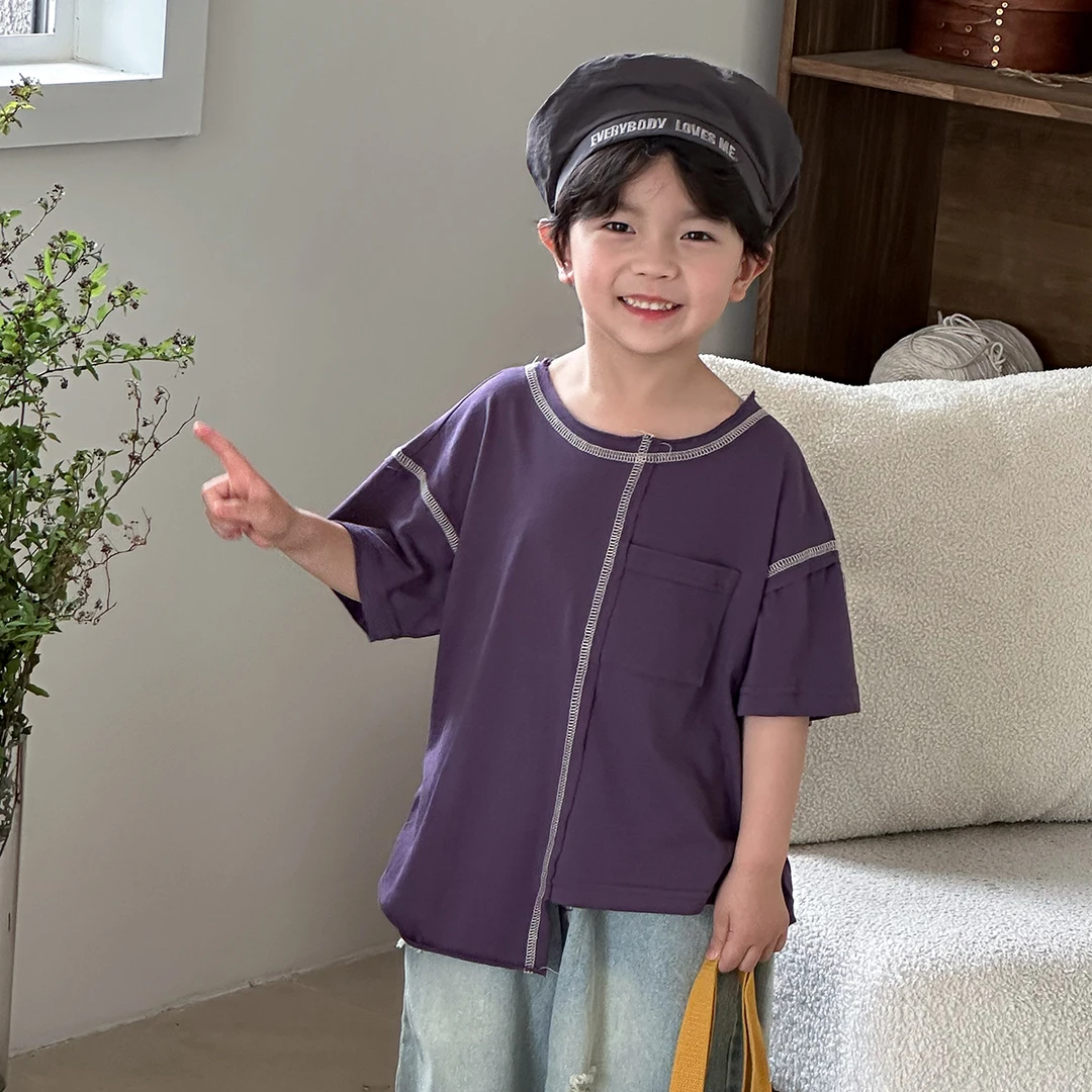 暮晨家新夏装2025男女童明线短袖T恤衫中小童宽松不规则半袖上衣