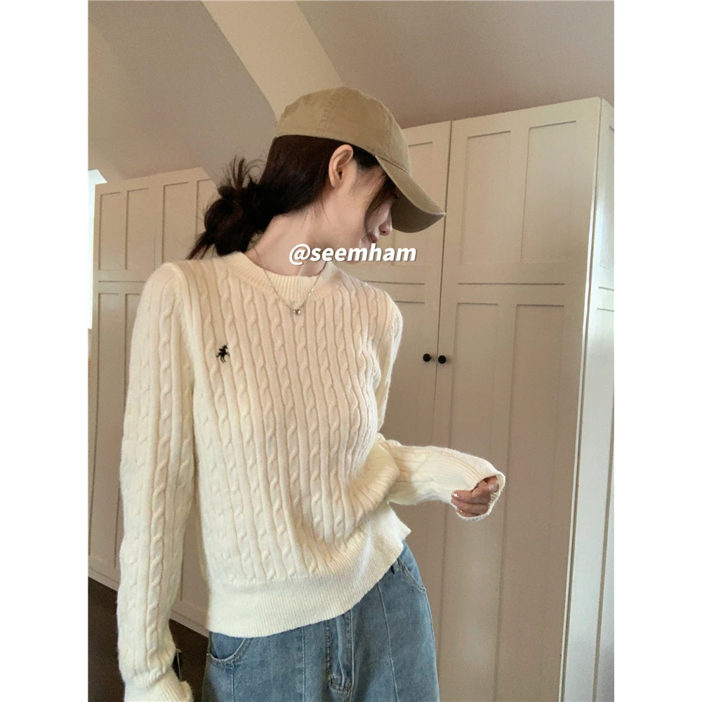 5026#麻花针织衫女装秋季设计感刺绣毛衣宽松显瘦套头长袖上衣