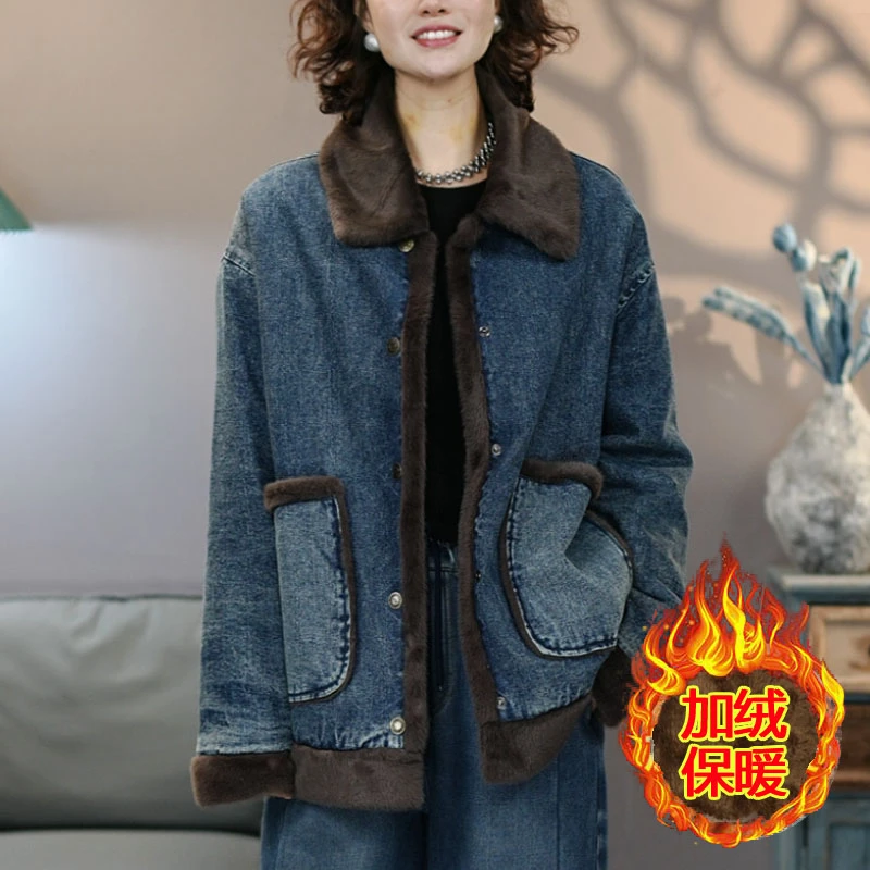 2640蓝牛仔棉衣加绒加厚冬季新款棉服外套宽松时尚洋气