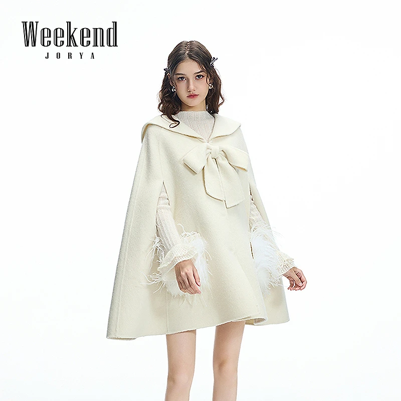 卓雅周末冬季新款气质V领蝴蝶结斗篷大衣绵羊毛呢外套Q260113A