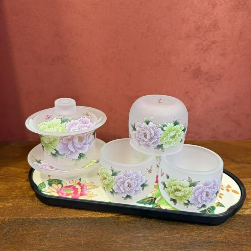 水晶牡丹三才盖碗-4杯-盘-2815